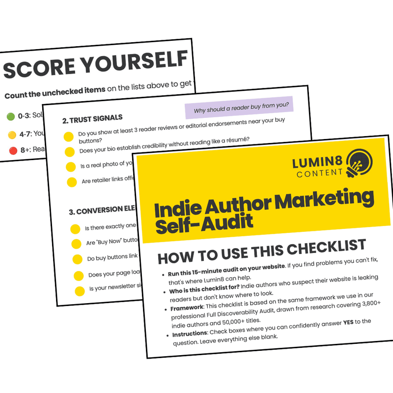 A preview of the Indie Author Marketing Self-Audit checklist, showing the instructions, scoring, and a sample of the questions asked about Trust Signals and Conversion Elements.